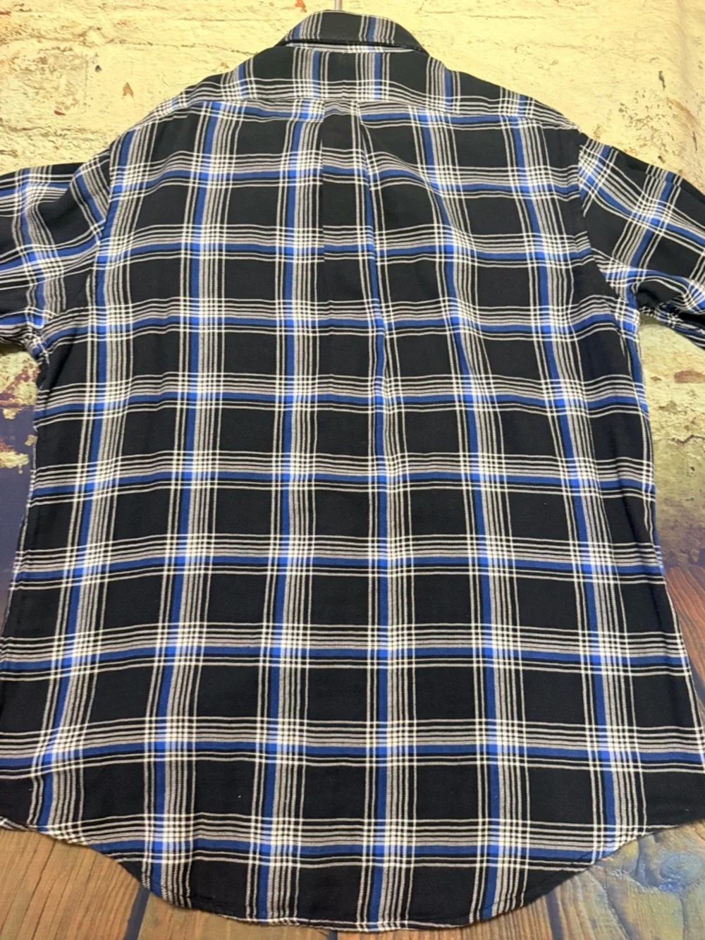 Polo by Ralph Lauren Men’s Double Faced Black Plaid Shirt with Blue & White